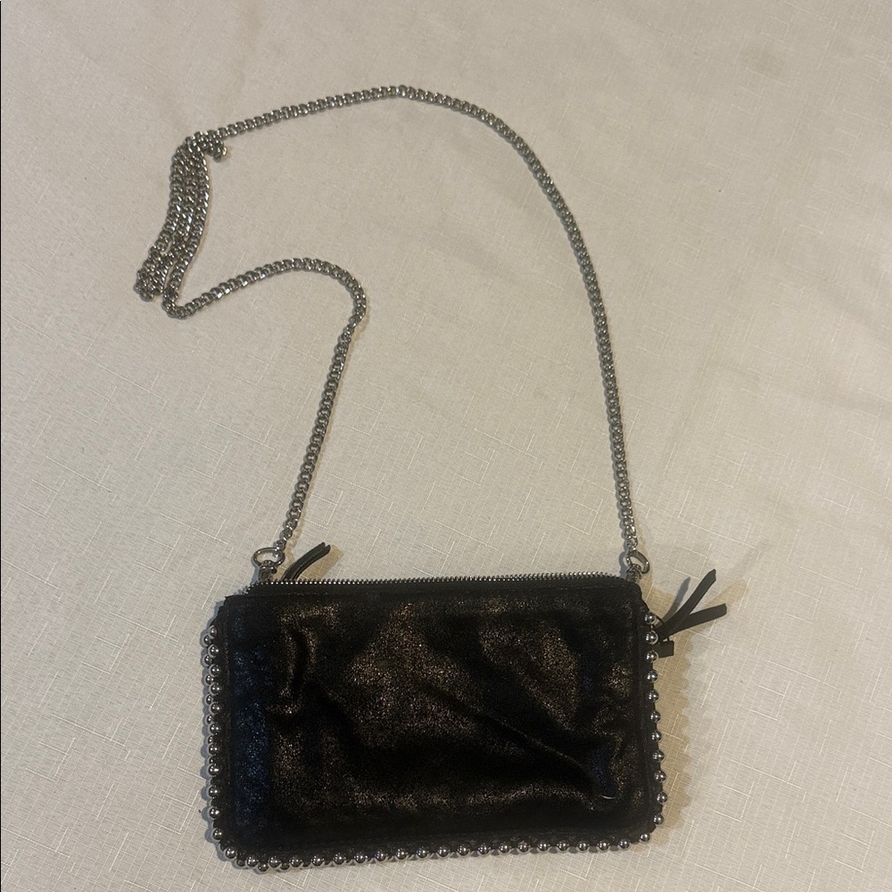 Zara Metallic Black Crossbody Bag with Silver Chain